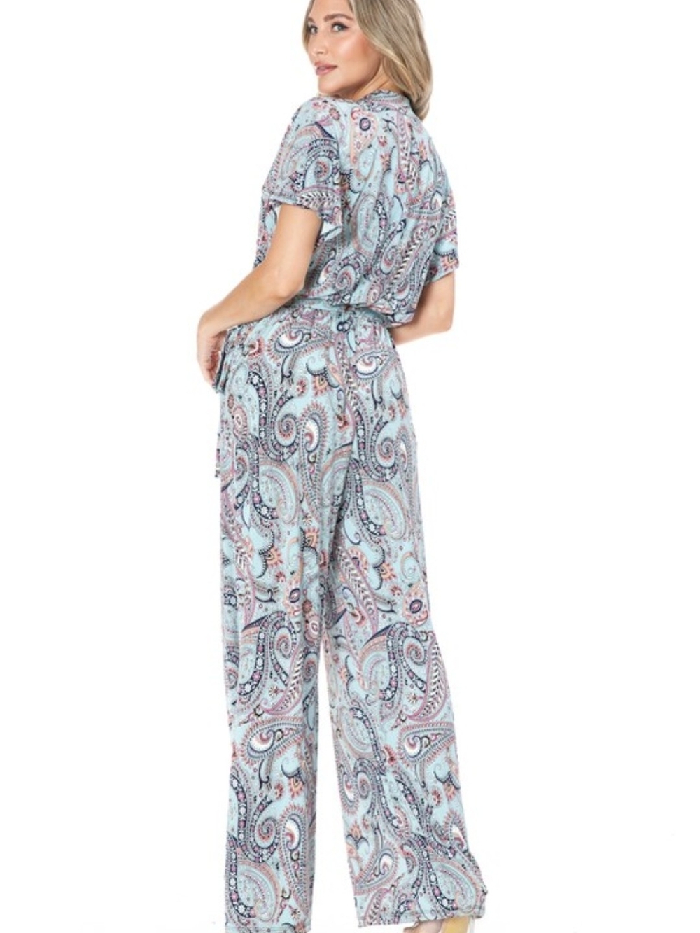 Paisley Print Light Blue Wide-Leg Jumpsuit with Drawstring - Picture 3 of 4